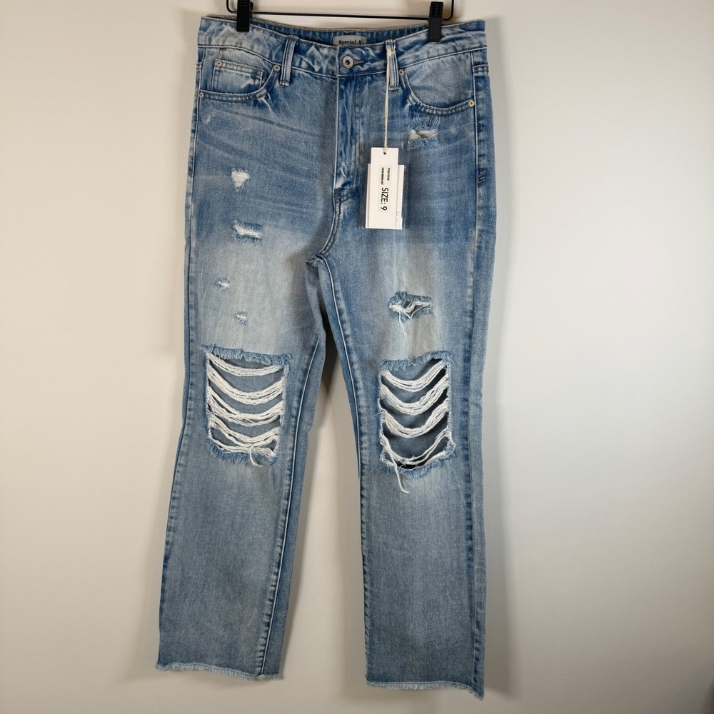 NEW Special A High Rise Straight Leg Jeans Size 9 Medium Light Blue‎ Distressed